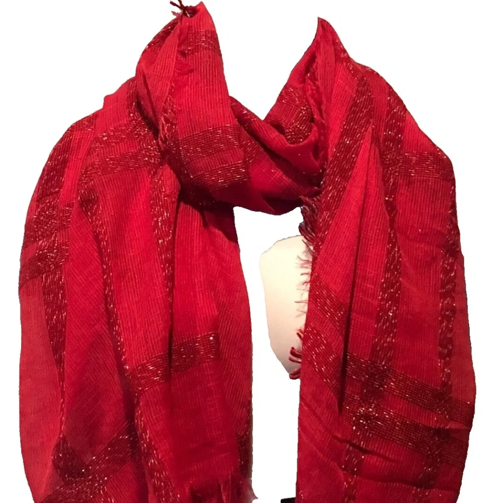 (NWT) Cejon Women's Red Lurex Check Scarf/Wrap ONE SIZE